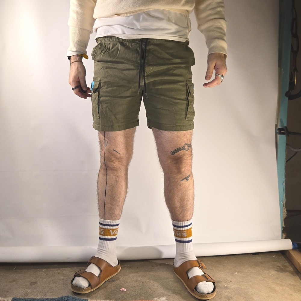 Brooklyn Cloth Mens L 7 Inch Cargo Shorts Olive‎ Green Stretch Waist Drawstring
